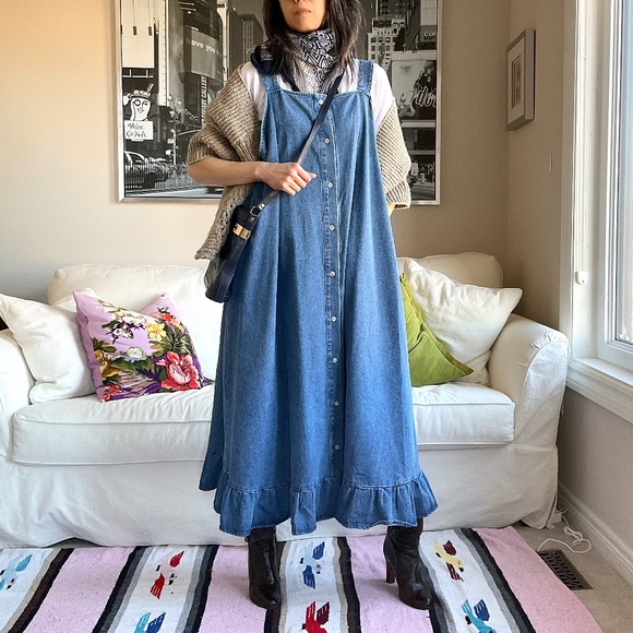 Medium wash denim sleeveless A-line ruffle hem dress - Picture 2 of 13